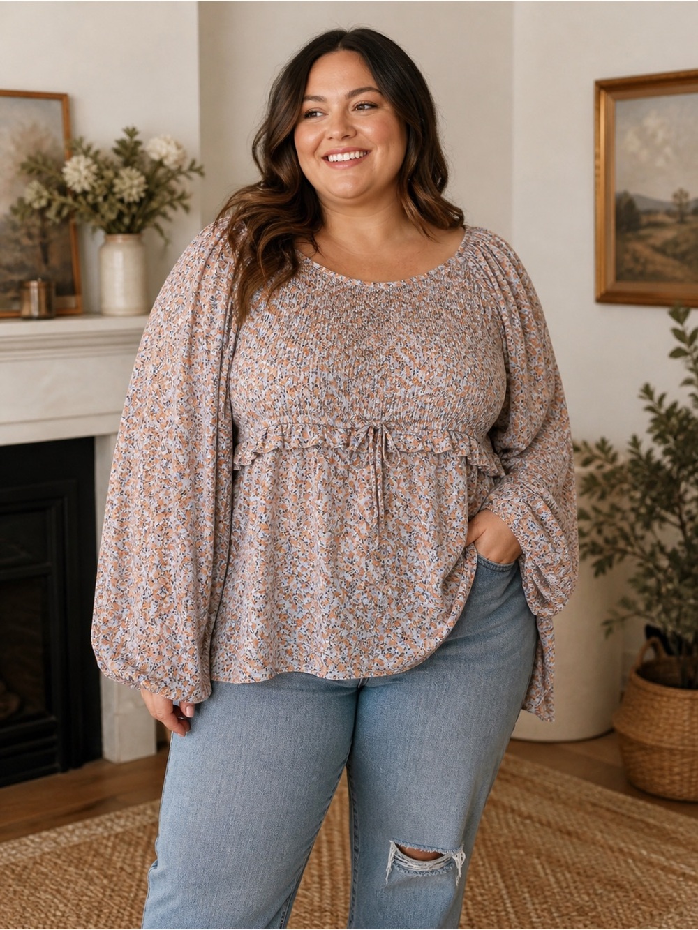 NWT Women’s Heyson Blue Orange Floral Smocked Peasant Blouse Plus Size